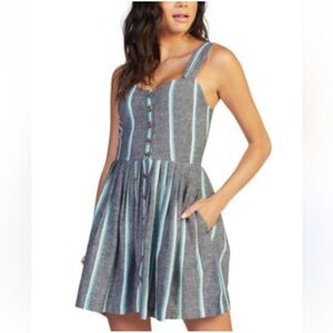 ROXY Womens Sunlit Twist Mini Dress Size XS Gray Linen Blend Striped Button Down